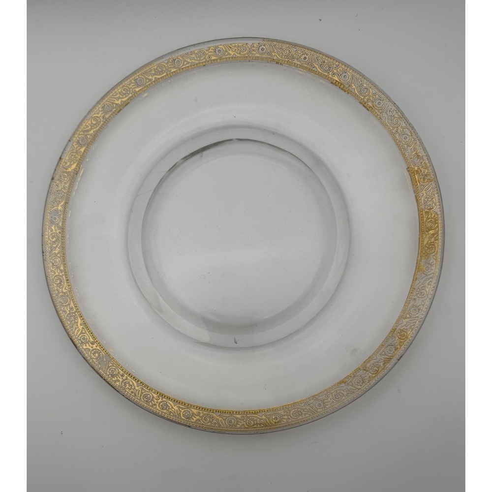 Vintage Clear Glass Dinner Plate Gold Floral Etched Border 8.25" Elegant